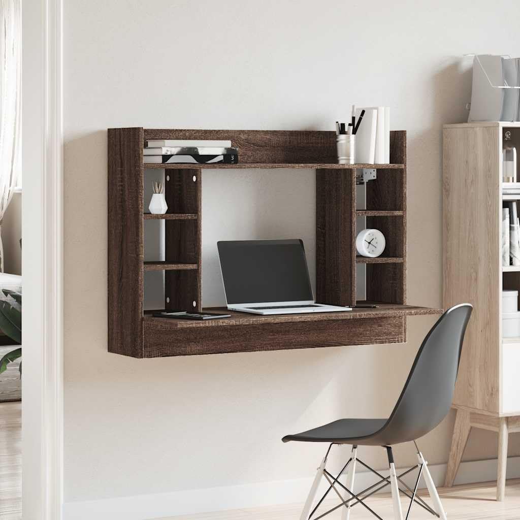 Scrivania da parete marrone effetto rovere, 105 x 48 x 75 cm, tavolo sospeso per laptop in legno con spazio e 6 scomparti, scrivania per computer salvaspazio per casa, ufficio e corridoio