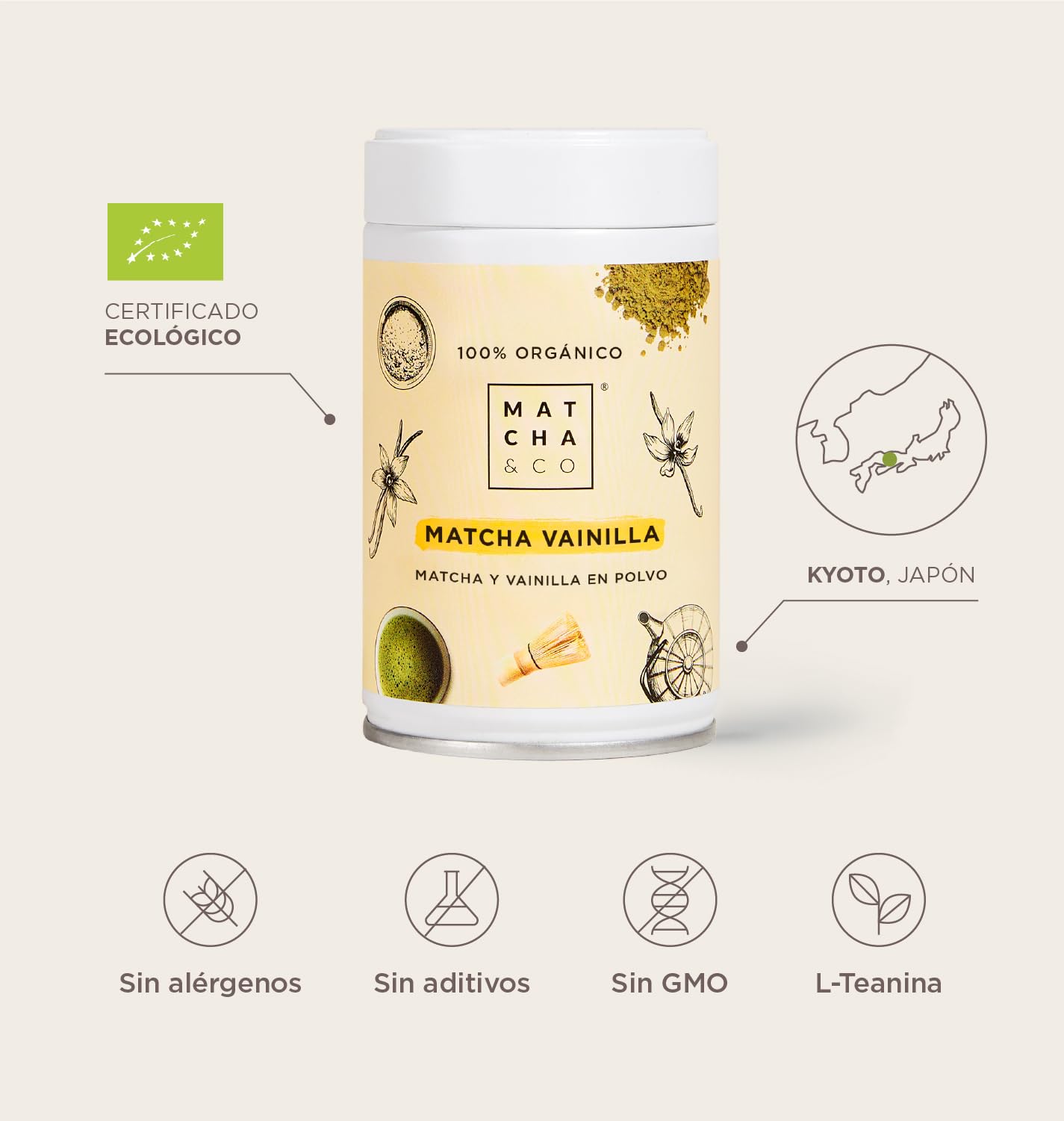 Set de Té Matcha de Iniciación Vainilla Matcha Kit, Cuchara medidora y Batidor de bambú. Matcha de Grado Ceremonial 100% Ecológico