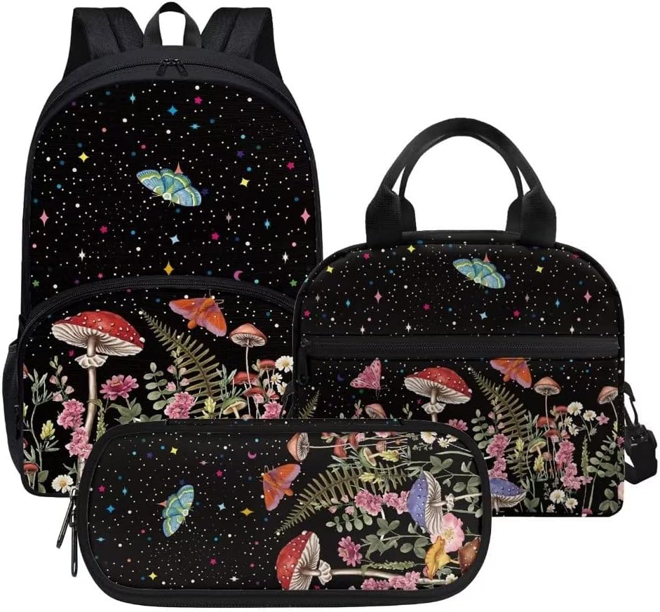 Pinupub Casual Daypack With Lunch Box Pen Bag Set Lightweight Practical 17 Inch School Backpack Mushroom Butterfly Print 3pcs Black