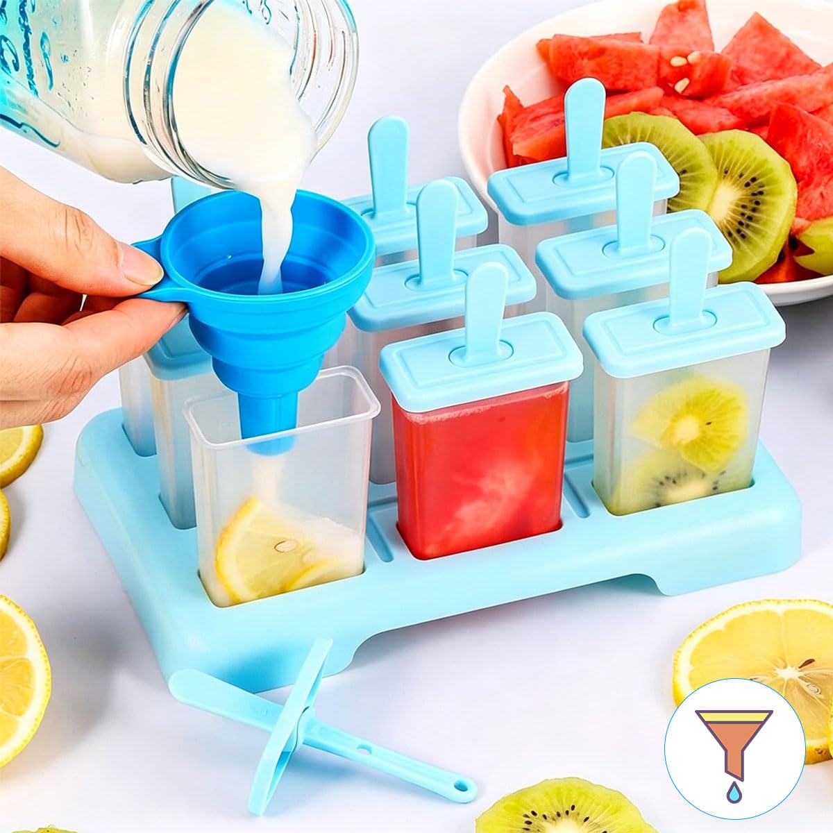 9 Cavidades Moldes Para Helados Con Palo, Moldes Helados, DIY Molde Helado, con Cepillo De Limpieza Y Un Embudo (Azul)