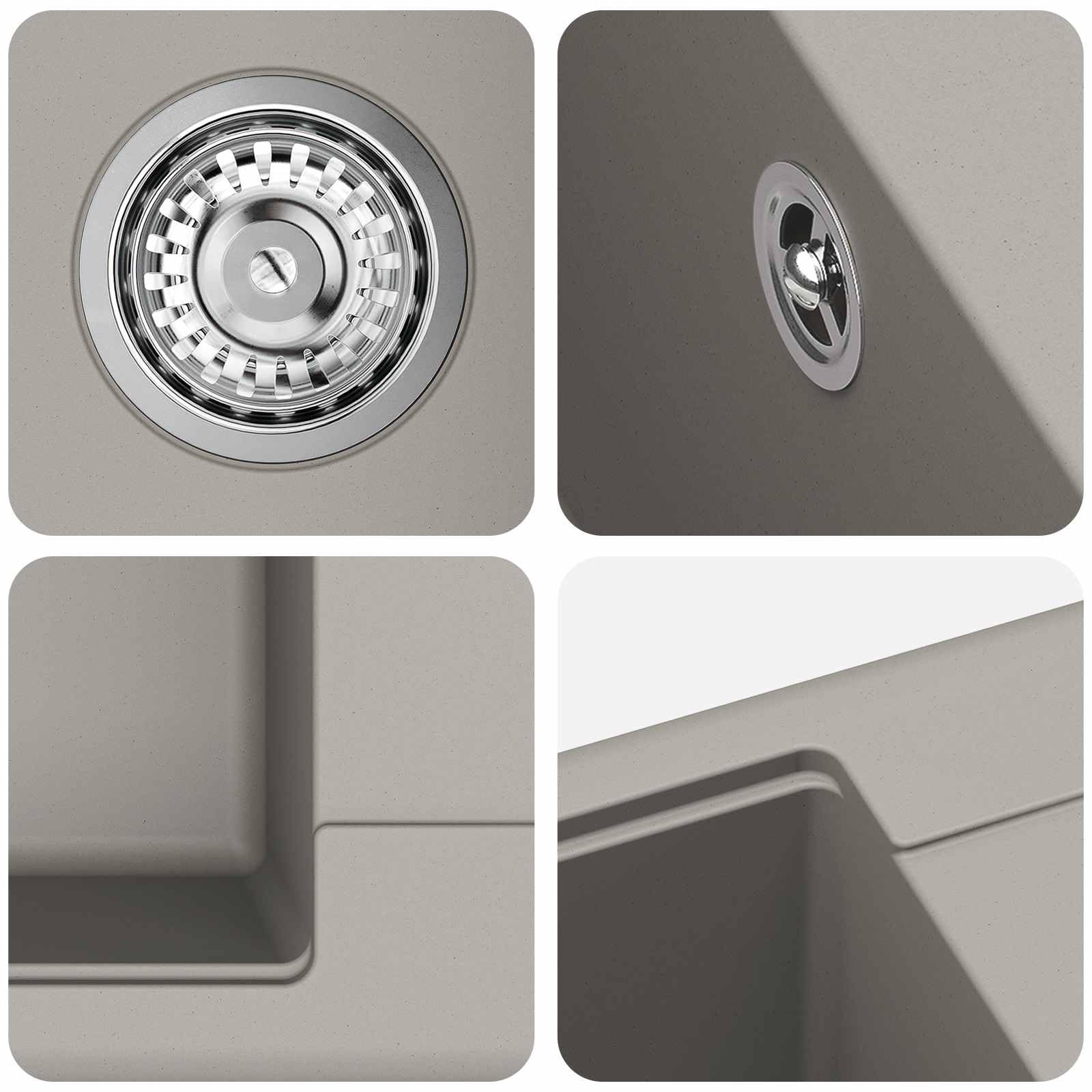 Fregadero (560 x 460 mm, 80% cuarzo y 20% resina, lavabo, para cocina, color gris