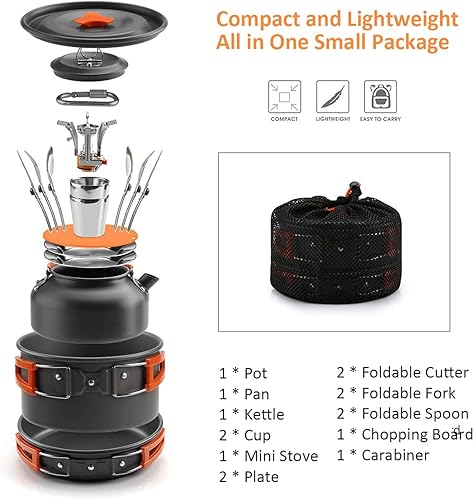 Miniatura 3 de Juego de ollas y sartenes LIXADA al aire libre utensilios de cocina para acampar al aire libre, juego de cocina con estufa, cuchara, tenedor,