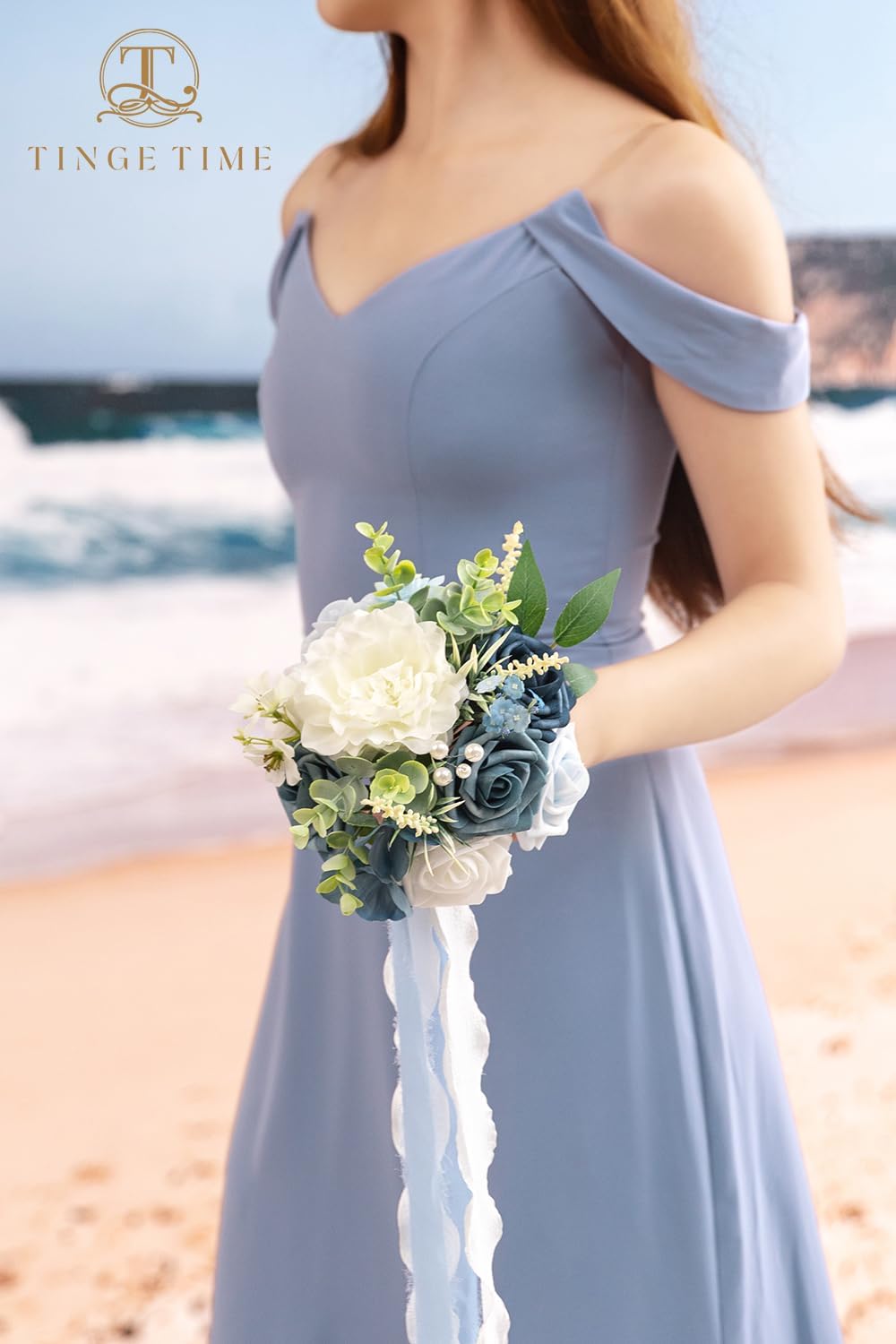 TINGE TIME 7 Inch Artificial Flowers Wedding Bouquets for Bridesmaid, Set of 4, Dusty Blue Bride Tossing Bouquet for Rustic Wedding Ceremony Bridal Shower Rehearsal Dinner Vintage Party