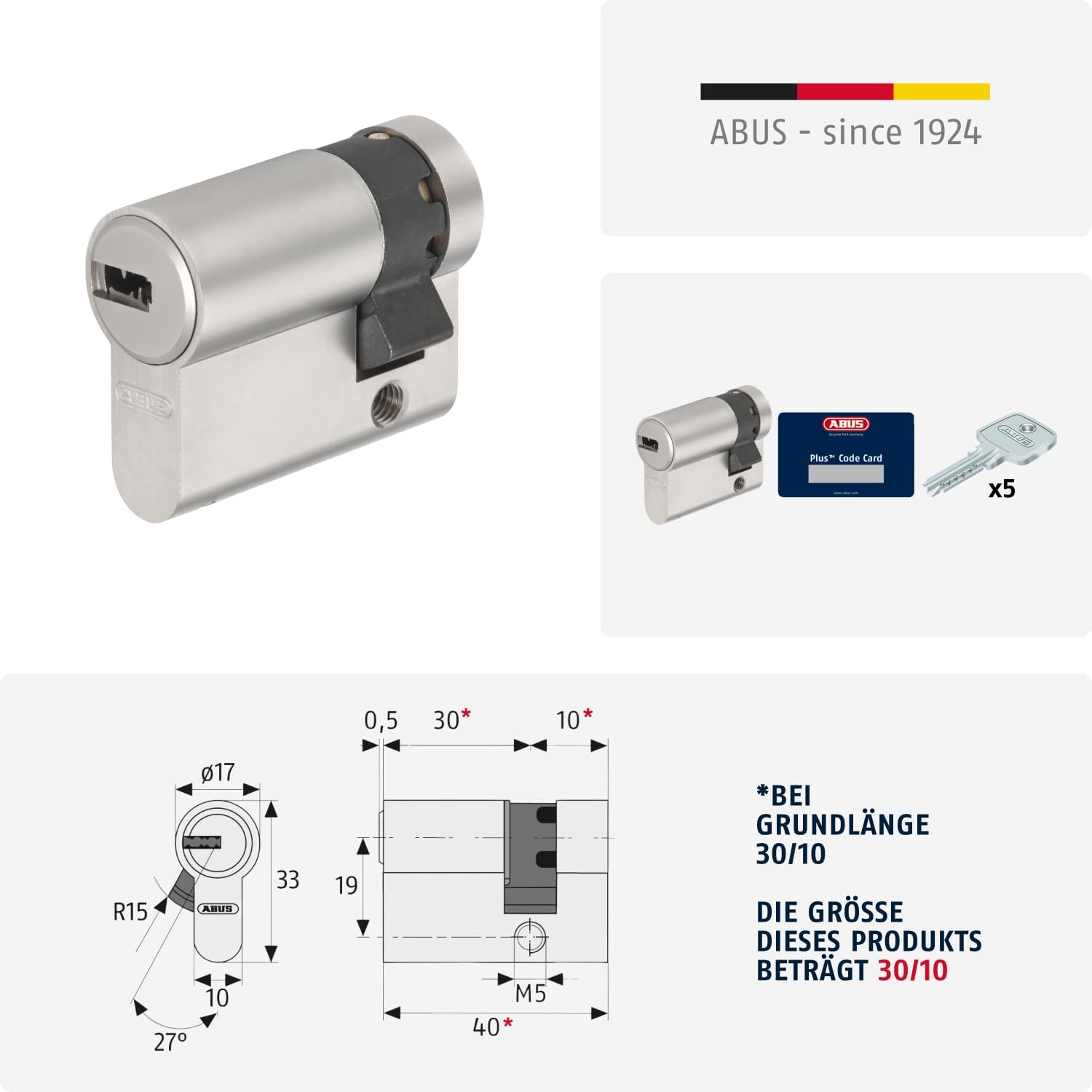 ABUS Profile Cylinder Lock D6XNP 10/30 B/SB with Keycard and 5 Keys, 482946