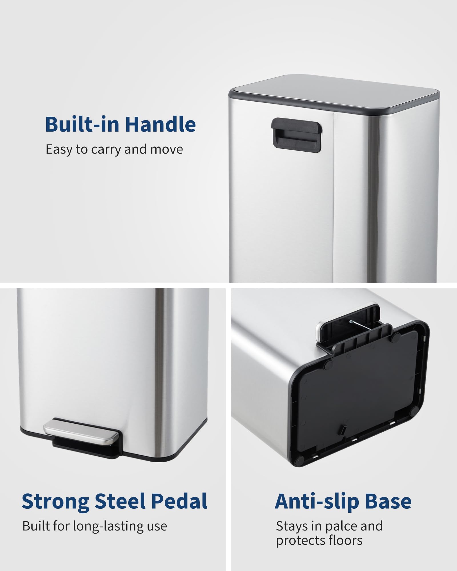 13L Edelstahl Mülleimer, Soft-Close Treteimer, Mülltrennung, Silber | Herausnehmbarer Inneneimer, Anti-Fingerabdruck, Platzsparend, Bad & Büro, Geruchsverschluss, Rutschfest, Robust