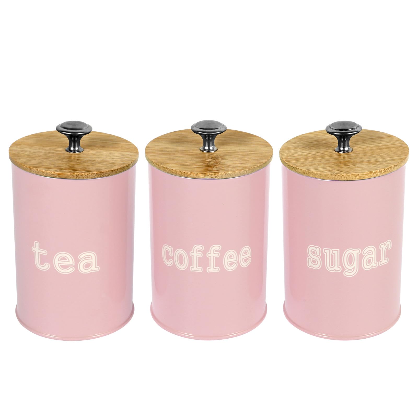 Ktzctpca Pink 3Pcs Tea Coffee Sugar Canisters With Bamboo Lid, Food Storage Containers, Countertop Storage Jar Canister, Drink Station Organizer For Kitchen Counter, Farmhouse Kitchen Decor (Pink)