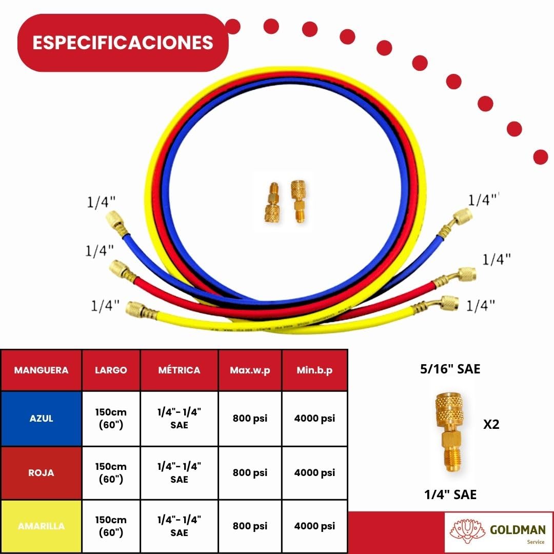 GOLDMAN SERVICE | Kit Manómetro Aire Acondicionado con 3 Mangueras Carga y Medición de Gas Refrigerante Coche | R410A R407C R32 R134a