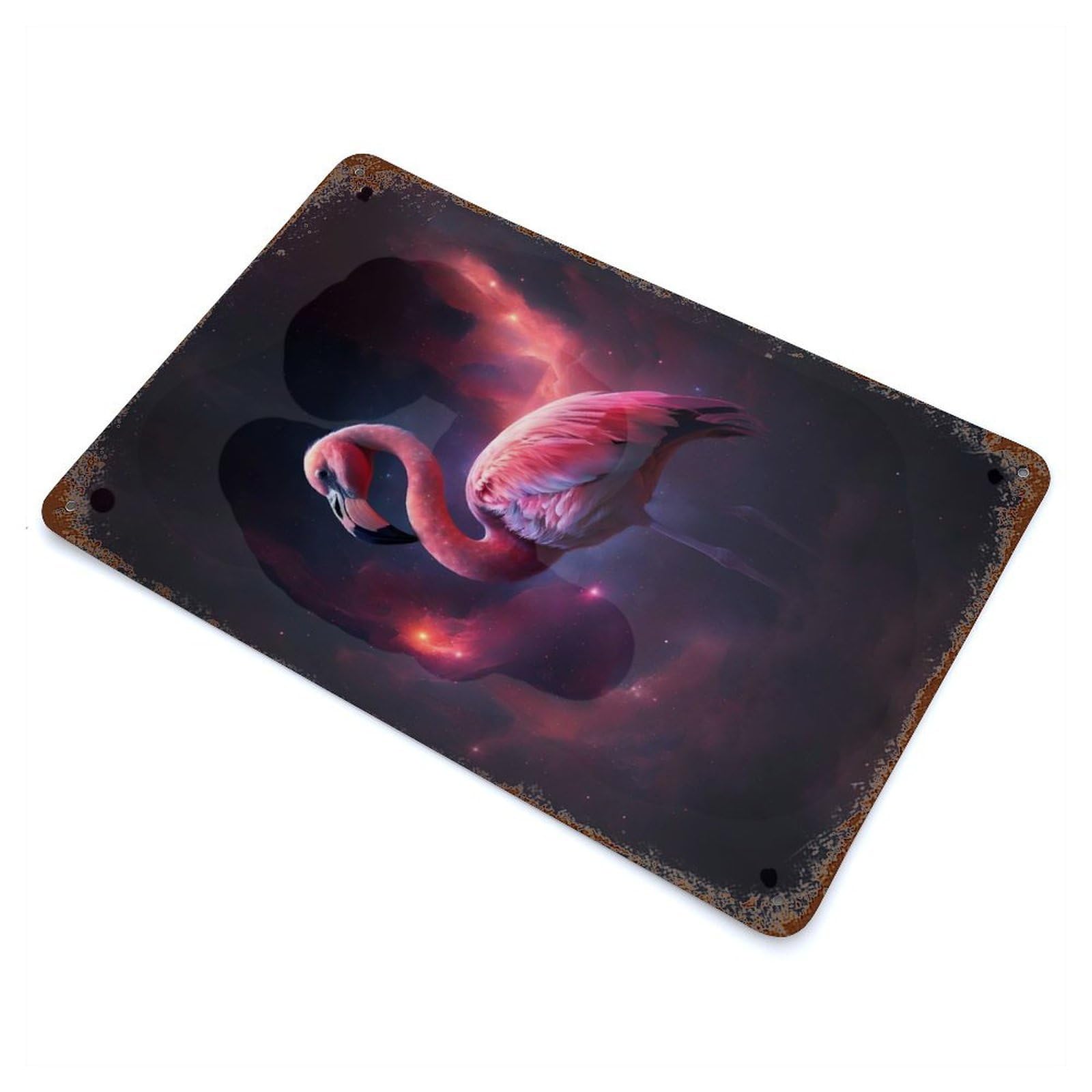 Space Flamingo Rust Effect Tin Sign 11.8"x7.9", Ideal for Farmhouse, Kitchen And Entryway Decor