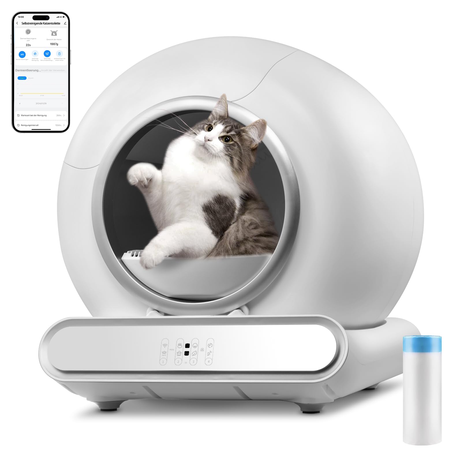 Caixa de Areia para Gatos Automatico, 65l+9l Arenero Gato Grande XXL con Detector De Infrarrojos y Sensores de Peso, Desodorización Electrolítica, Silenciosa Arenero Cerrado para Gatos