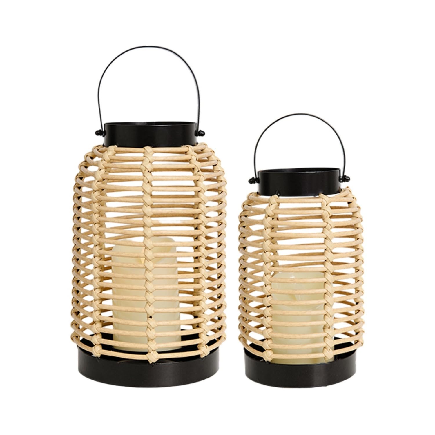 Photo 1 of 14in Lanterns Decorative for Home Decor- Decorative Candle Lanterns w/ LED Candles- Boho Rattan Woven Hanging Black Lanterns Decor for Indoor, Outdoor, Patio & Porch, Tabletop, Fireplace & Mantle