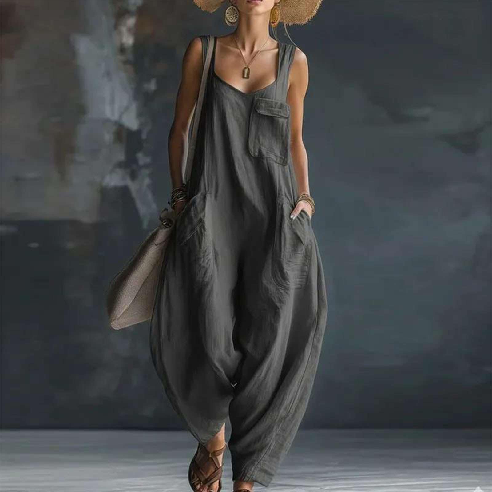 Jumpsuit Damen Sommer Elegant Overall Weites Bein Hosenanzug Baumwolle Leinen Latzhose Baggy Vintage Playsuit Outfit Festlich Hochzeitsgast Romper mit Taschen Freizeitmode Curvy Luftig Onesie