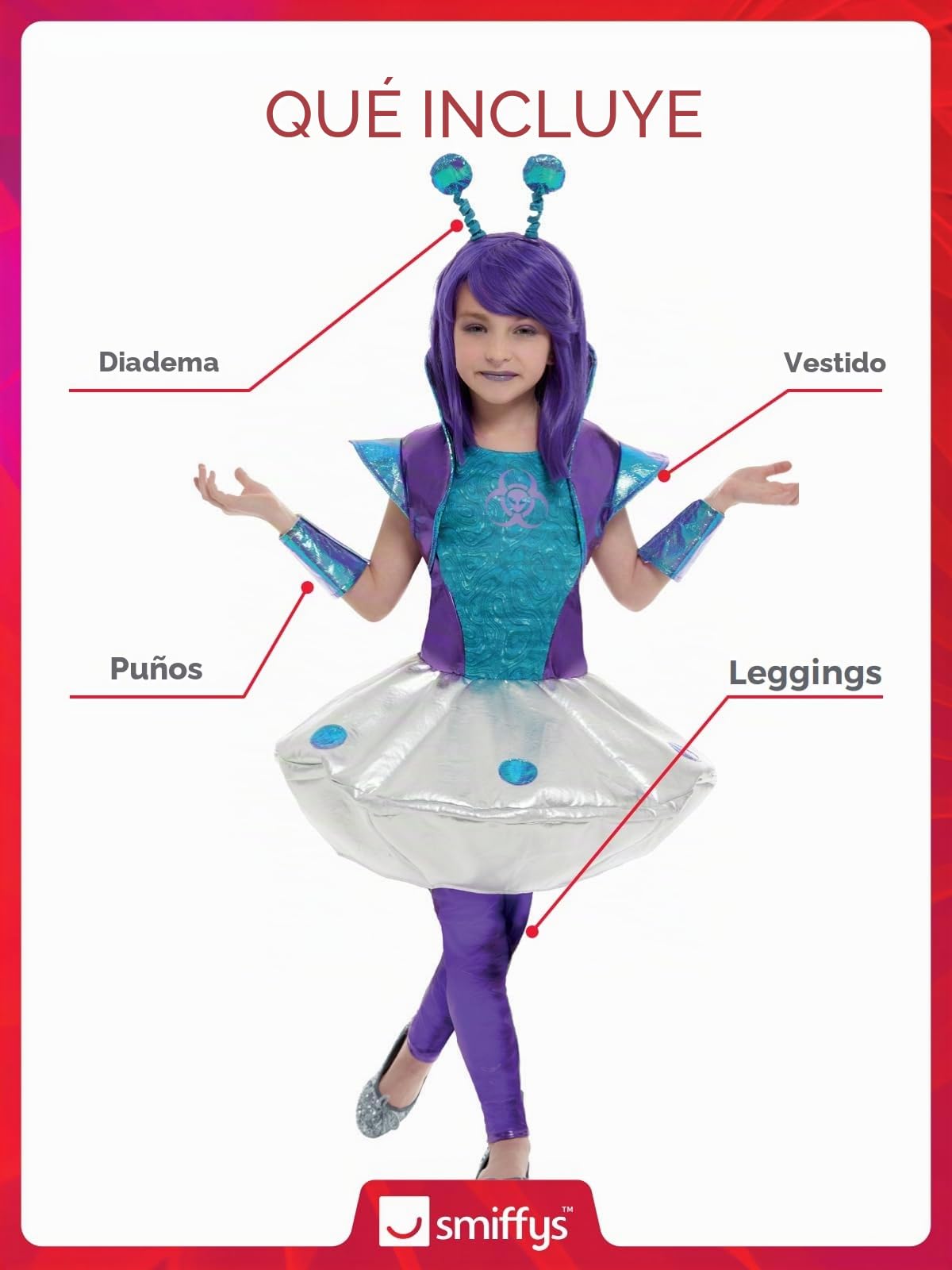 Smiffys Alien Girl Costume, Silver with Dress, Leggings, Wristcuffs & Headband, Halloween Child Fancy Dress, Alien Dress Up Costumes