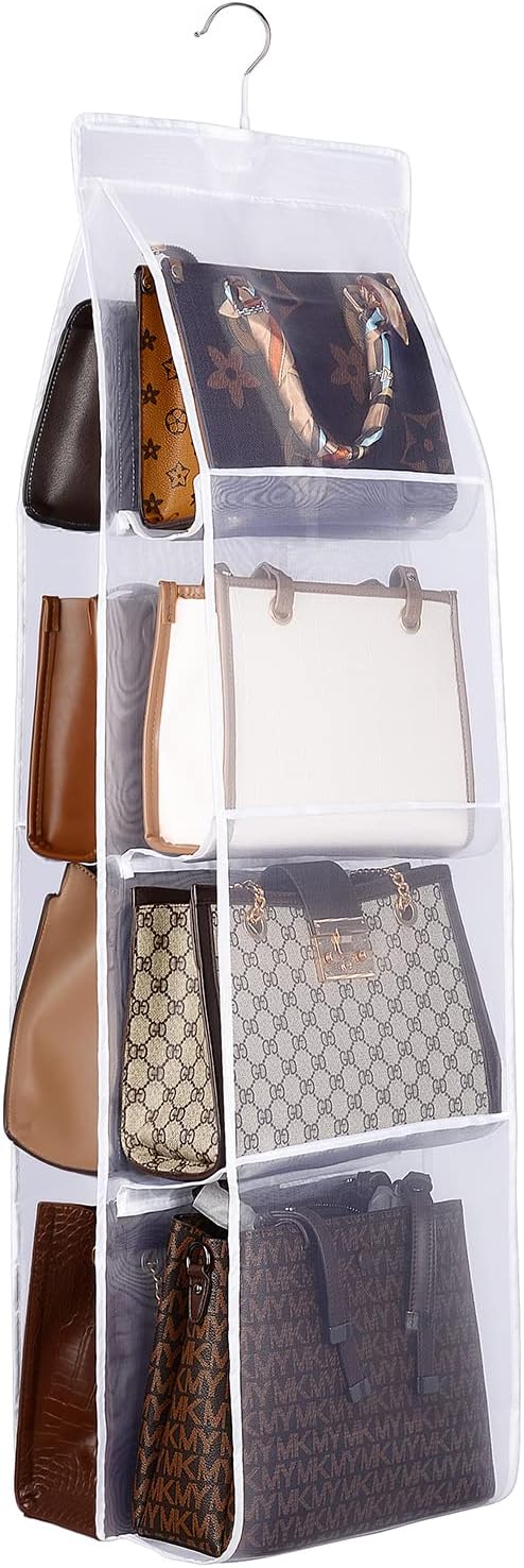Lirex Handbag Hanging Purse Organizer for Closet, 8 Pocket Handbag Storage Organizer Hanger Oxford Cloth Closet Organizer for Family Closet Bedroom, Foldable and Universal Fit, White