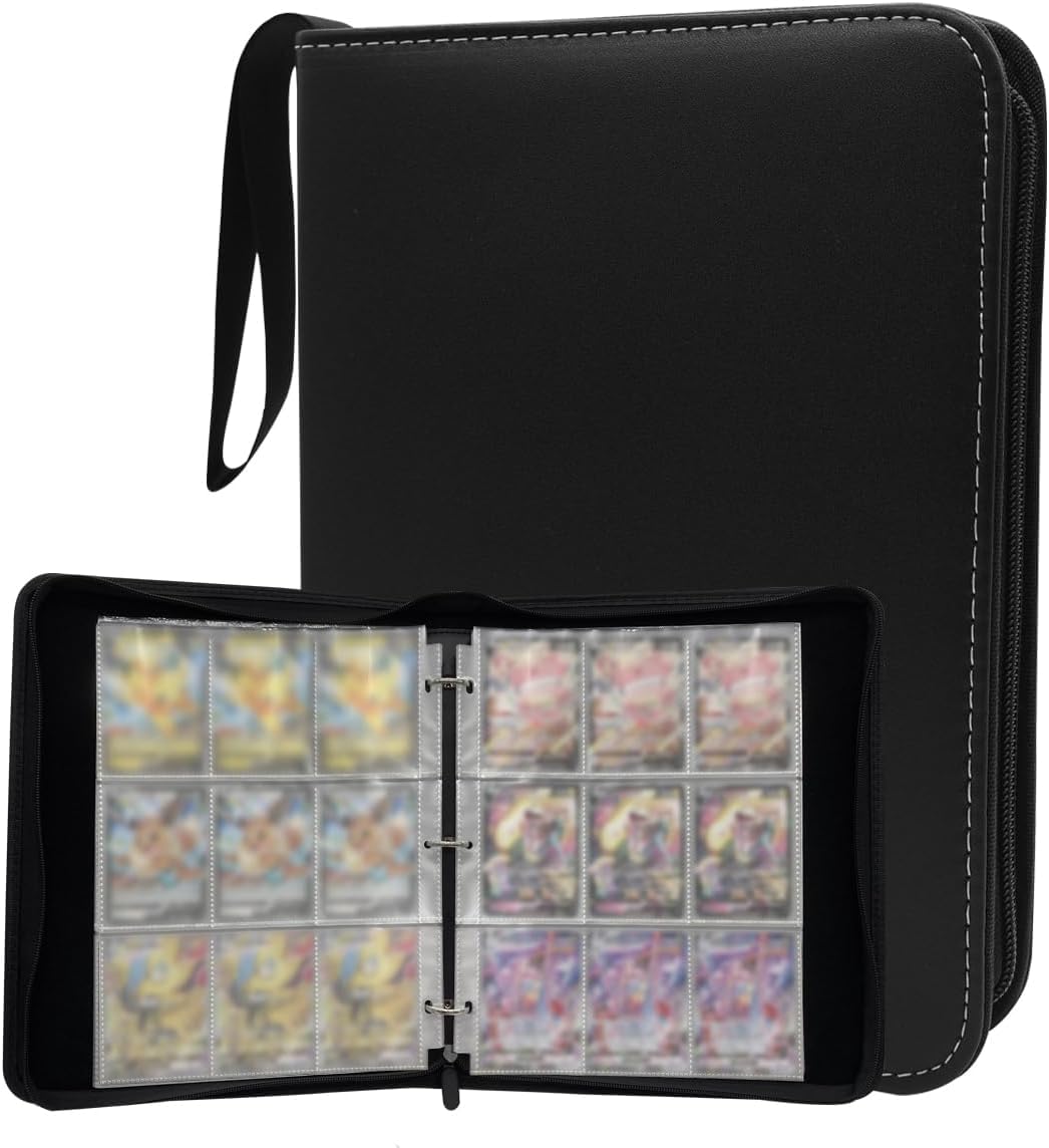 9 Pocket Trading Card Binder 900 Album Cards Holder, Zipper, Waterproof PU Leather Binder, Include 50 Removable Sleeves Cards Book for Boys Girls Collectors Gifts (Black-9 Pocket)