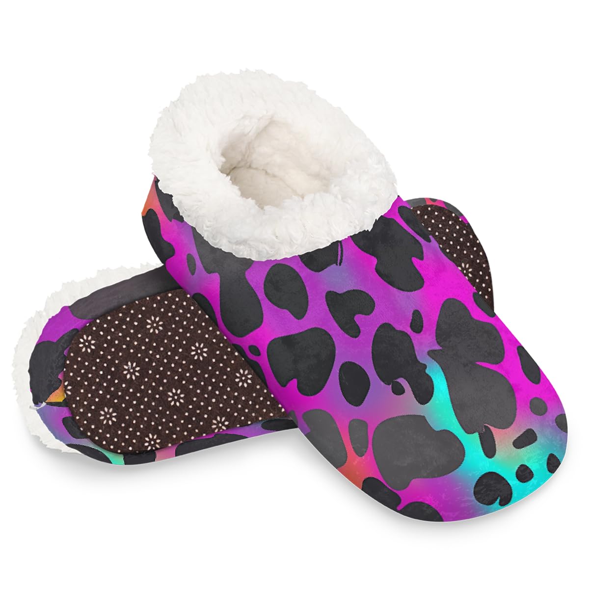 Winter Warm Plush Slippers for Women and Men Soft Indoor Slippers Non-Slip Rubber Sole Leopard Neon Colors House Bedroom Shoes-M