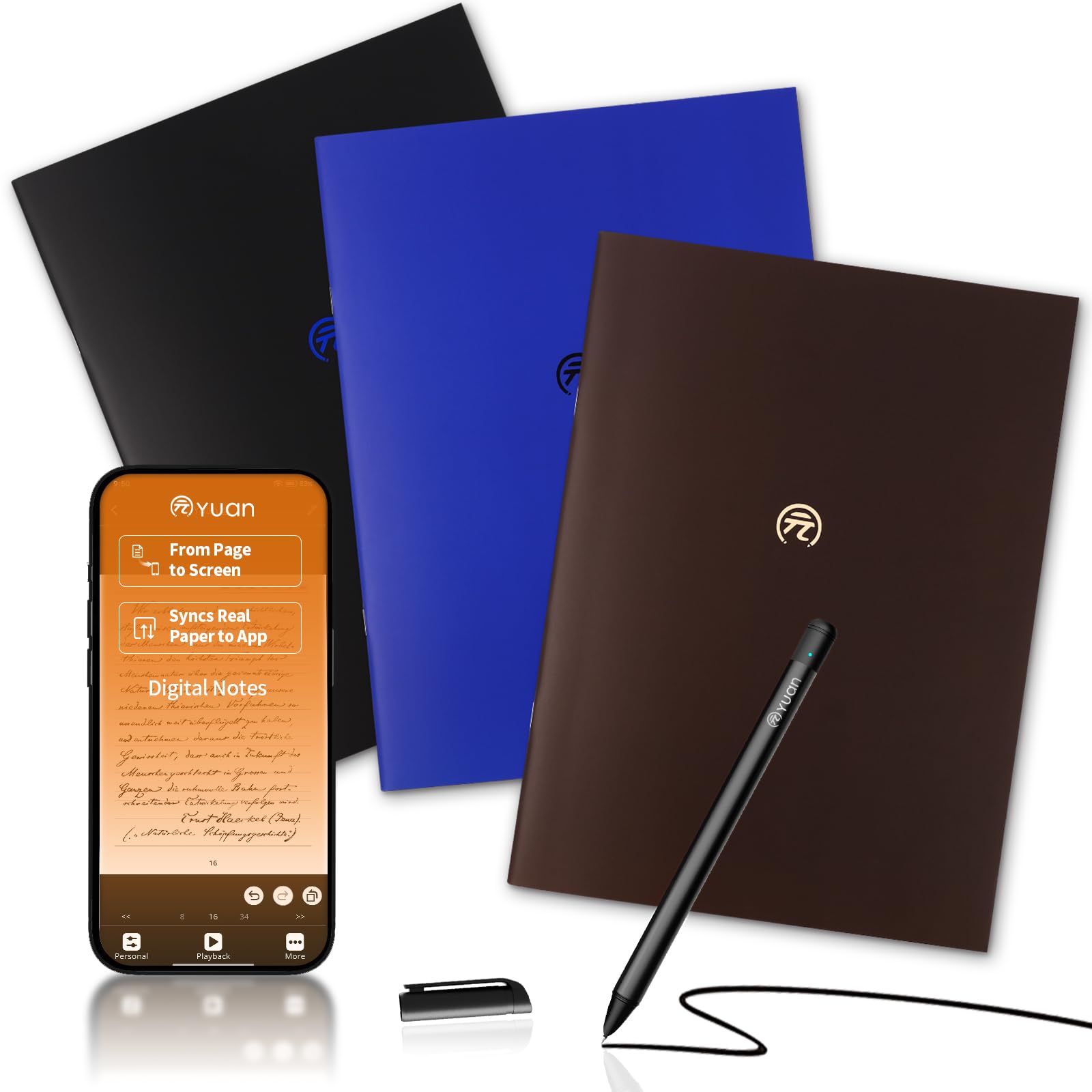 Yuan Lot de 3 stylos de synchronisation intelligents pour prise de notes, carnet numérique (format A4) avec stylo, synchronisation de l'écriture, stockage hors ligne, partage de notes, cadeau pour