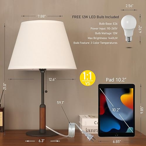 Miniatura 2 de 21" Modern Bedside Lamp Mid Century Table Lamp, Pull Chain Nightstand Lamp for Bedroom Living Room 3-Color Light, Solid WoodMetalFabric for