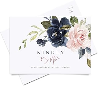 Bliss Collections RSVP Postcards, Navy Floral, Card Stock for Weddings, Receptions, Showers, Birthday Parties, Celebrations and Special Events, 4