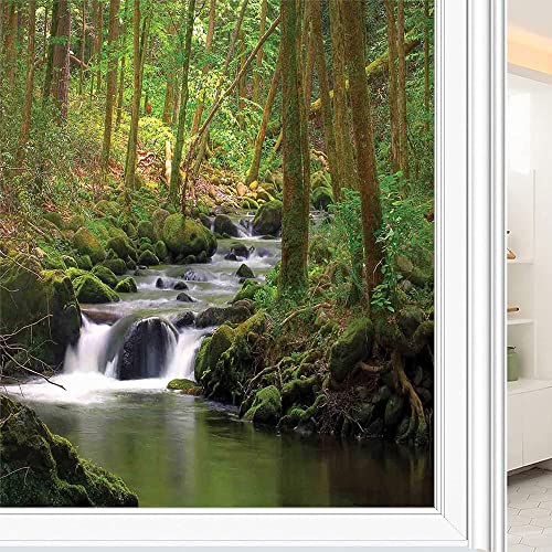 Nature Privacy Window Film, Stream Flowing In Forest Mossy Rocks Tree Foliage Splash Summertime Hiking, Glass Film For Home Office Living Room, W23.6 X L78.7 Inch Green Brown #TOP19