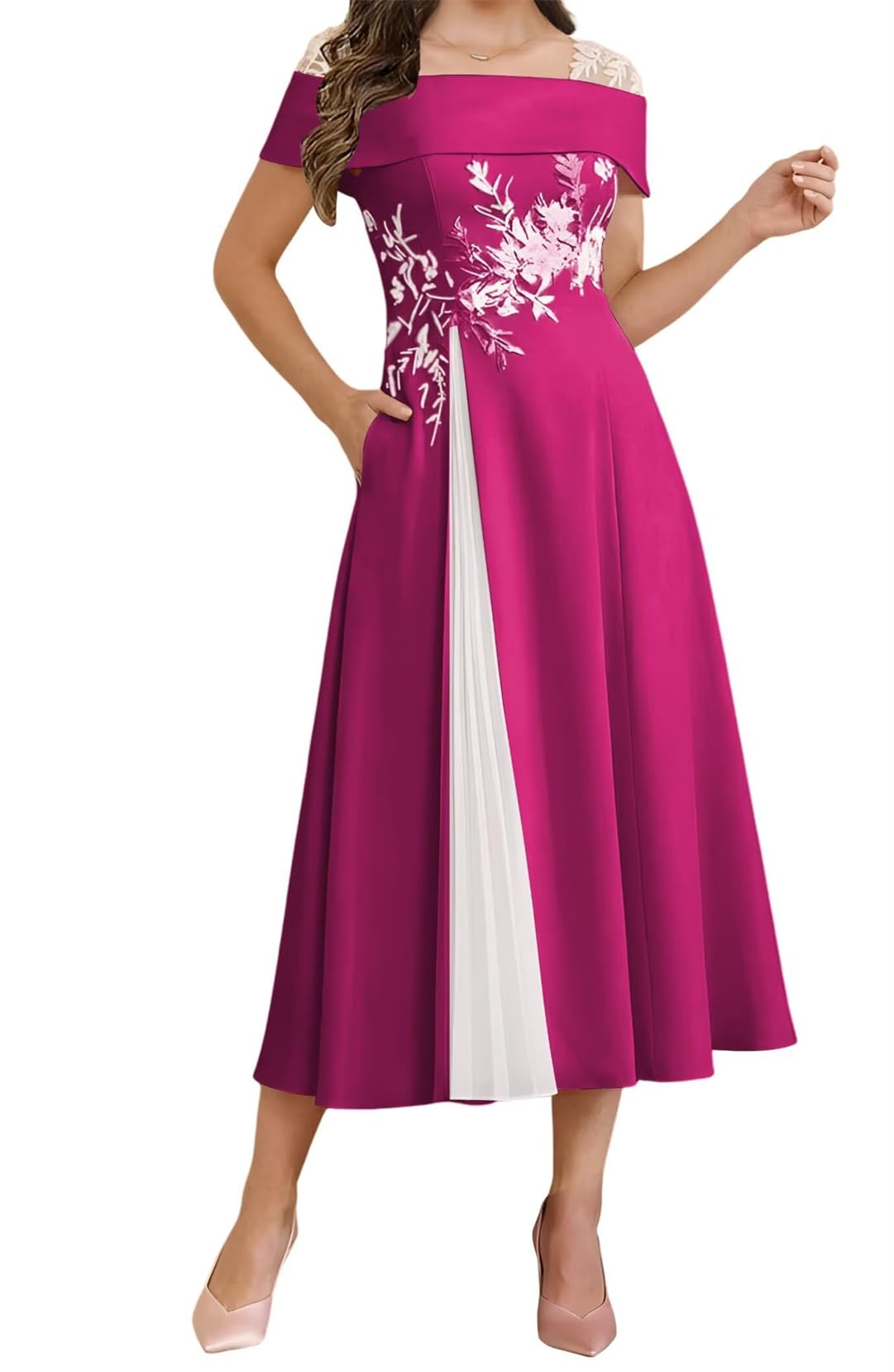 Wisiyle Women's Fuchsia Lace Applique Bridesmaid Dresses Cap Sleeve Prom Mother Of The Bride Dress A Line Wedding Formal Gowns Wql011 Uk16