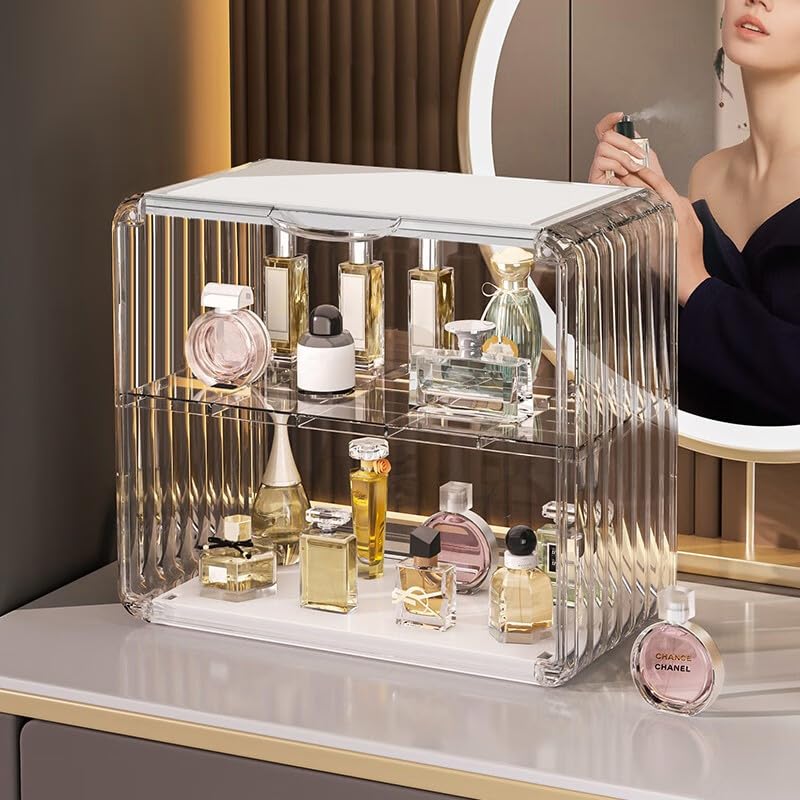 HYTTER Dresser Makeup Organizer for Perfume & Lotion, Transparent 2 Tier Countertop Display Organizer for Cosmetic, Cologne, Figures, Mugs, Multifunctional Dustproof Cosmetic Storage Box Case (White)