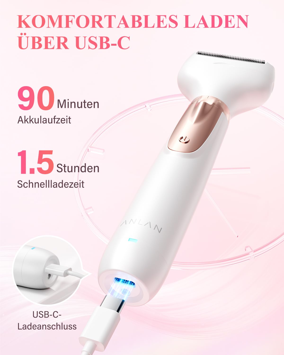 ANLAN Elektrischer Damenrasierer 4 in 1, Intimrasierer Damen & Bikini Trimmer, USB-C Wiederaufladbar, IPX6 Wasserdicht für Nass & Trockenrasur, Körperrasierer für Beine, Achseln, Gesicht & Augenbrauen