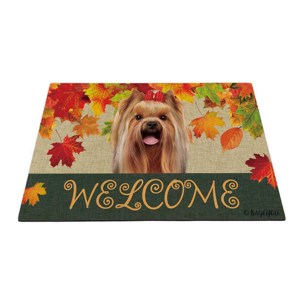 BAGEYOU Welcome Fall with My Favorite Dog Adorable Yorkshire Terrier Yorkie Outdoor Doormat Maple Leaf Harvest Season Rustic Decor Porch Rugs Floor Mat 35.4" x 23.6" — image 1