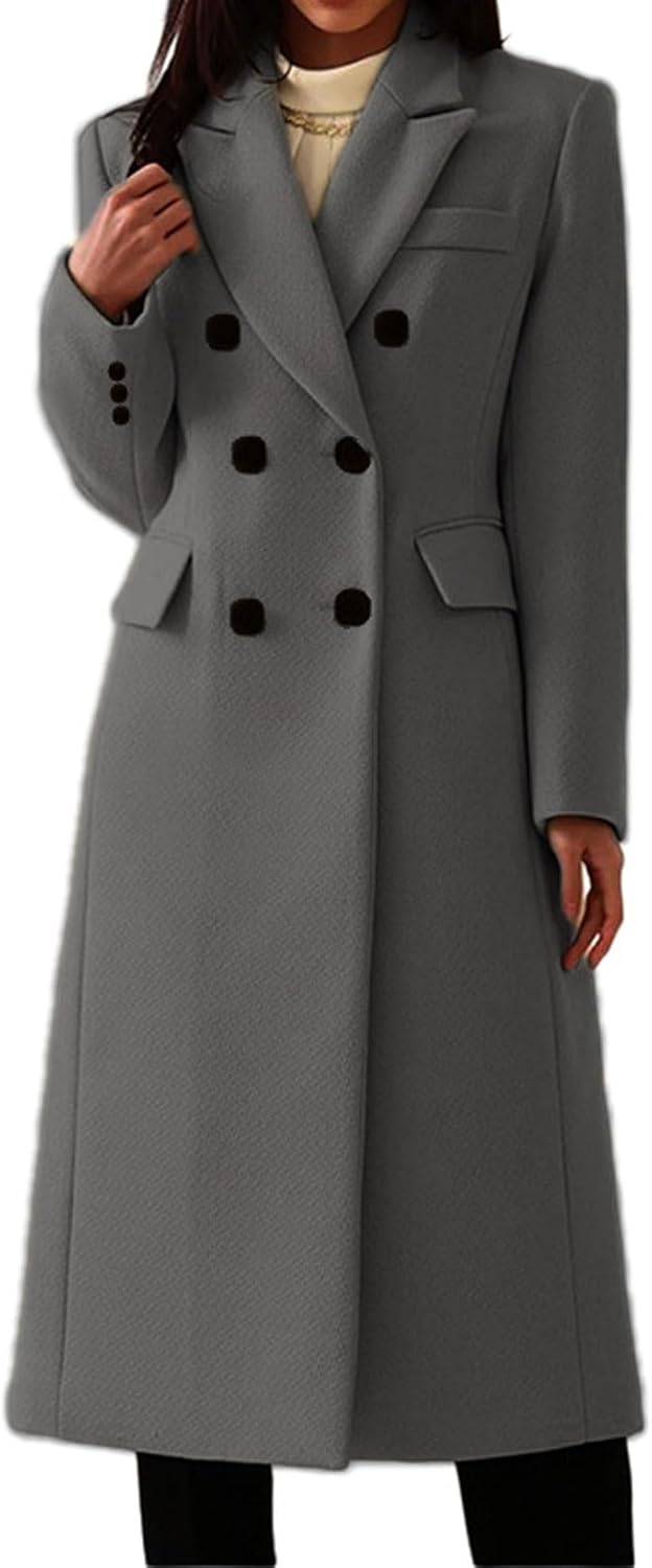 CHARTOU Women Winter Notched Collar Mid Long Trench Coat Wool Jacket Warm Double Breasted Pea Coat Overcoat