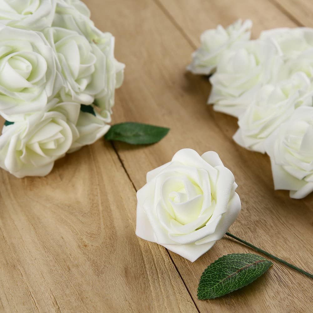 Febou Artificial Flowers 50pcs Real Touch Artificial Foam Roses with Stem for Decoration DIY Wedding Bouquets Centerpieces Arrangements Bridal Shower Party Home Decoration (Ivory)