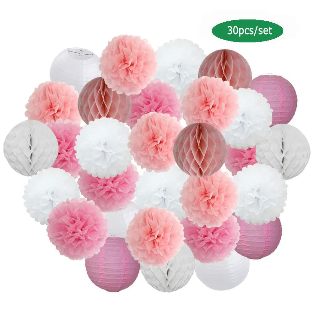 Juego de 30 farolillos de Papel Azul y Blanco para decoración de Festivales y Fiestas, de 6, 8, 10 y 12 Pulgadas, para Bautizo de bebé, Fiesta de cumpleaños, Pompones Colgantes