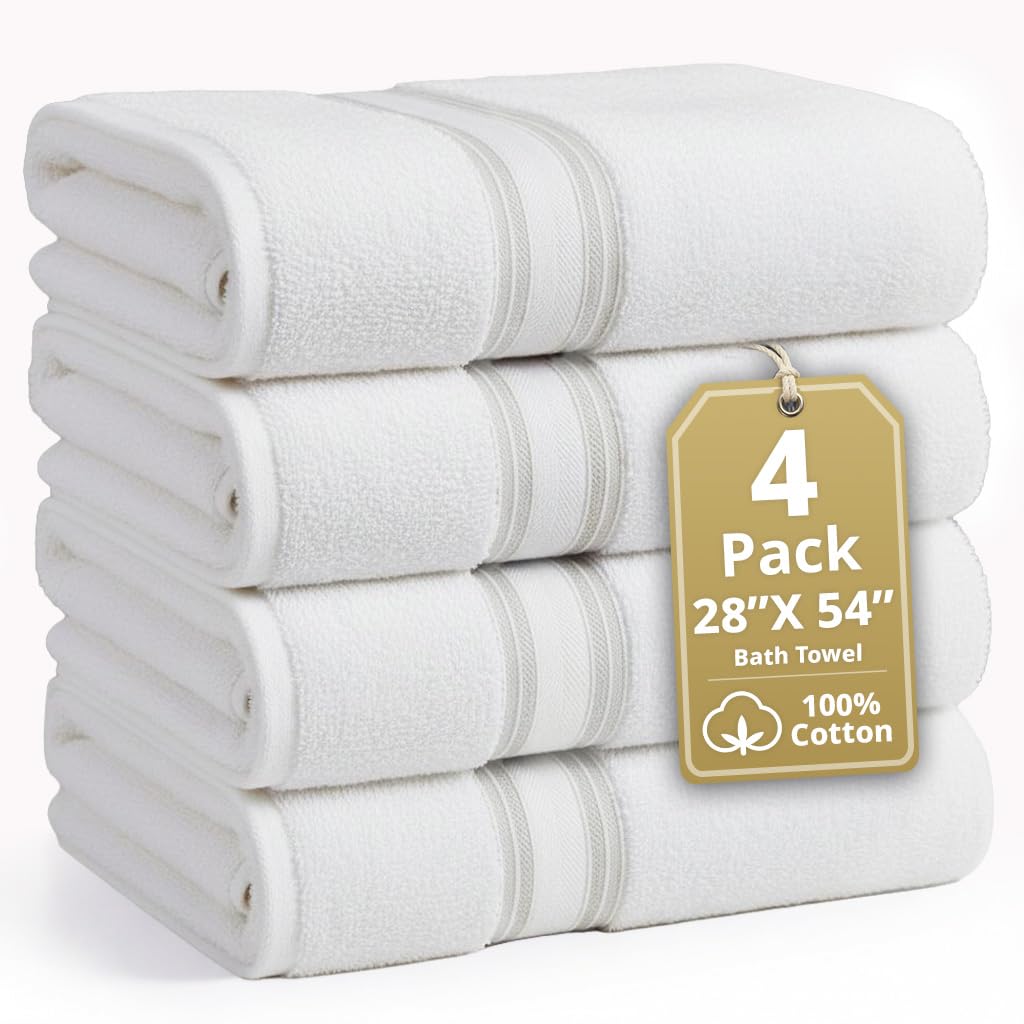 LANE LINEN 100 Cotton 4 Pack Bath Towels 28x54 - Zero Twist Cotton - Large Towels for Bathroom