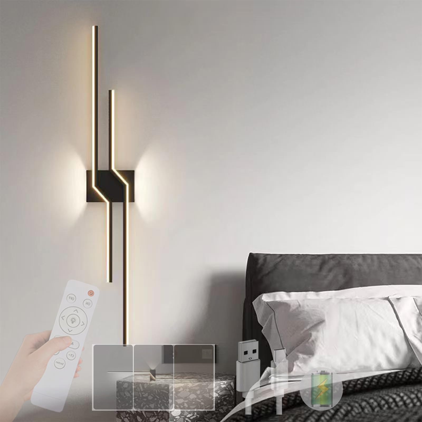 Lámpara de pared con control remoto dimerizable y aplique LED negro recargable interior 8