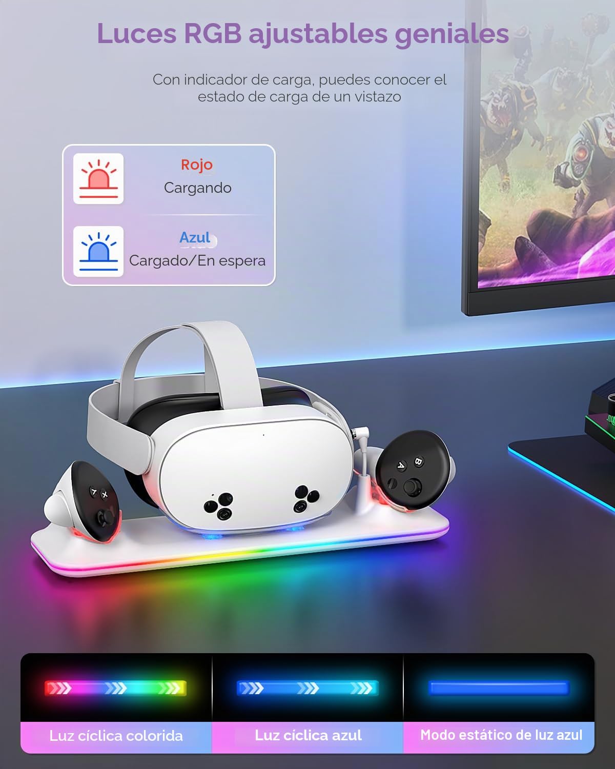 Base de carga para Meta Quest 3S/3, estación de carga magnética Kinwin para Oculus Quest 3S/3, accesorios con luz RGB, soporte de carga para auriculares VR y controlador con 2 baterías recargables