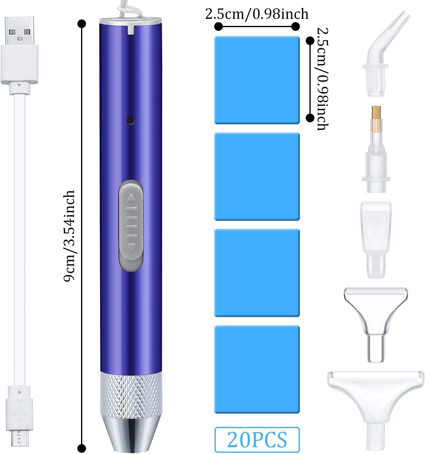 Maitys Electric Diamond Painting Pen Point Drill Pen with Light 5d DIY Diamond Painting Tool with 20 Pieces Glue Clay 5 Pieces Replacement Heads for DIY Craft(Blue)