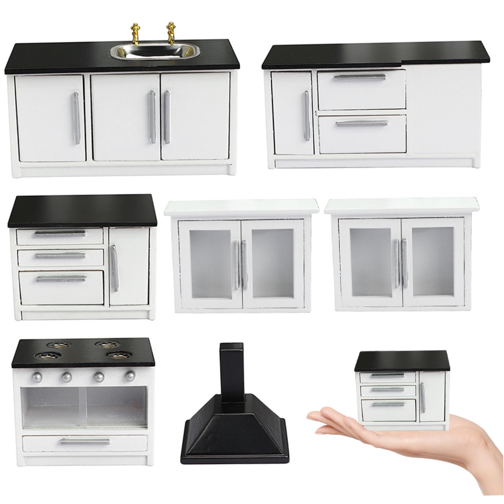 Cucina per casa delle Bambole, 7 Pezzi/Set 1 mobili per casa delle Bambole in Legno in Scala 12, Accessori per Miniatura di Simulazione