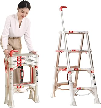 Heavy-Duty Folding Ladder - High Carbon Steel Reinforced with Telescopic Handrail & Step-Lock System Foot-Activated Retraction & Auto-Lock Safety for Home/Industrial Use Aluminum 4-Step