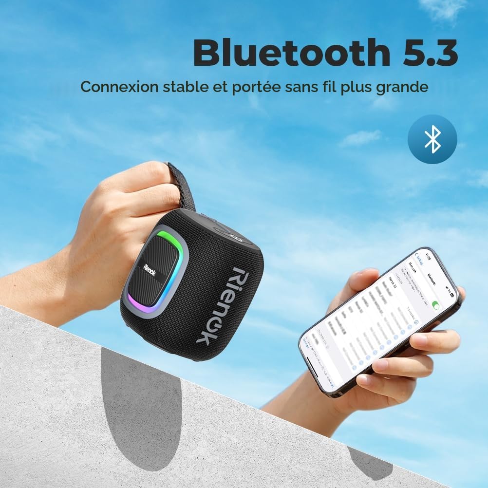 RIENOK Enceinte Bluetooth Portable, Haut Parleur Puissant Lumineuse avec Bluetooth 5.3, Autonomie 15H, 1800mAh, Radio FM, Port Clé USB, AUX, TF Carte, pour Soirées Plage Randonnées Voyage, Noir