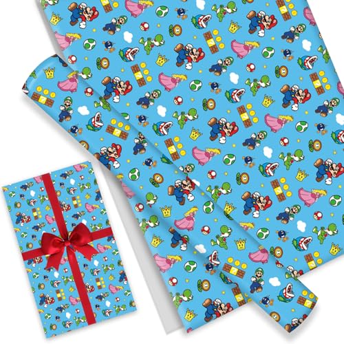 Fuyhiuous 4Pack Mari-o Gift Wrapping Paper 20 x 30 Kraft Paper Wrapping Paper Sheets Pack for Kids Birthday Party Storage Festive Decoratio (Maio)