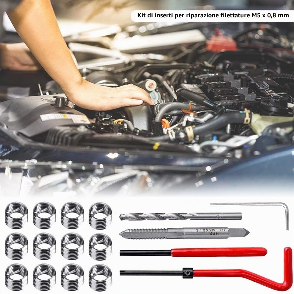 Kit di riparazione filettatura M5 x 0,8 mm, kit di riparazione per filettatura in acciaio inox, compatibile con Helicoil Coil per riparazione auto