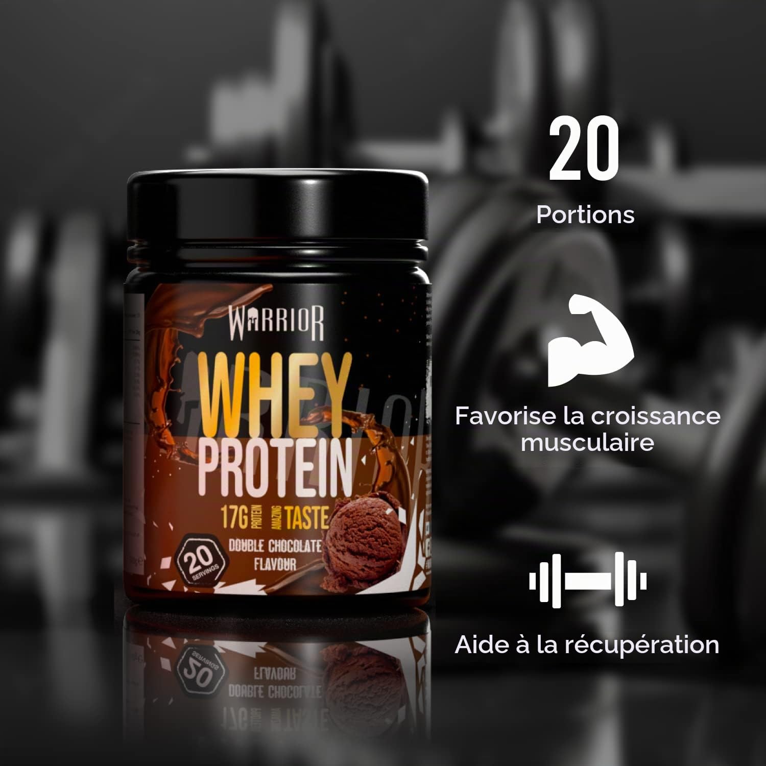 Poudre protéinée Warrior Whey 500 g (jusqu’à 36 g par portion) - Goût délicieux et riche en acides aminés - 20 portions (Double chocolat)