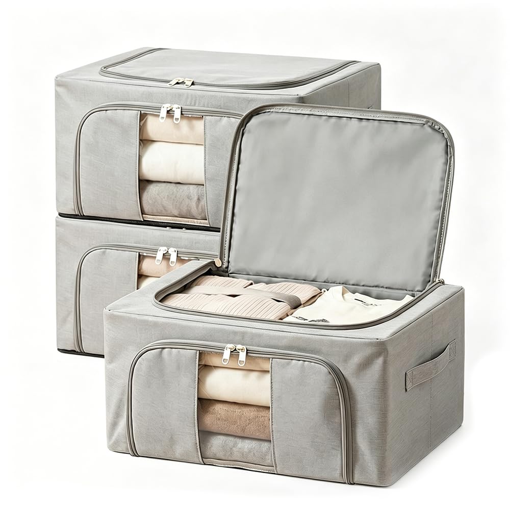 3 Pack Clothes Storage Boxes with Lids, Steel Frame Support, Clear Windows