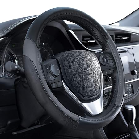 Motor Trend SW-814 Dark Gray + Black Sport Drive Perforated Leather Steering Wheel Cover with Contrast Stitching-Universal Fit for Standard Sizes 14.5 15 15.5 inches