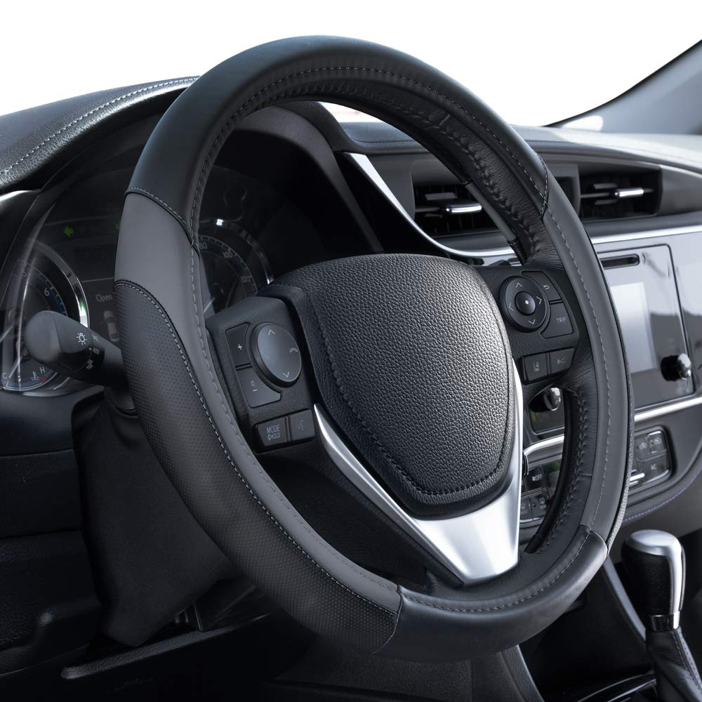 Motor Trend SportDrive Faux Leather Steering Wheel Cover, Standard 15 inch Size, Two-Tone Black &amp; Dark Gray, Car Steering Wheel Cover for Truck Van SUV Auto