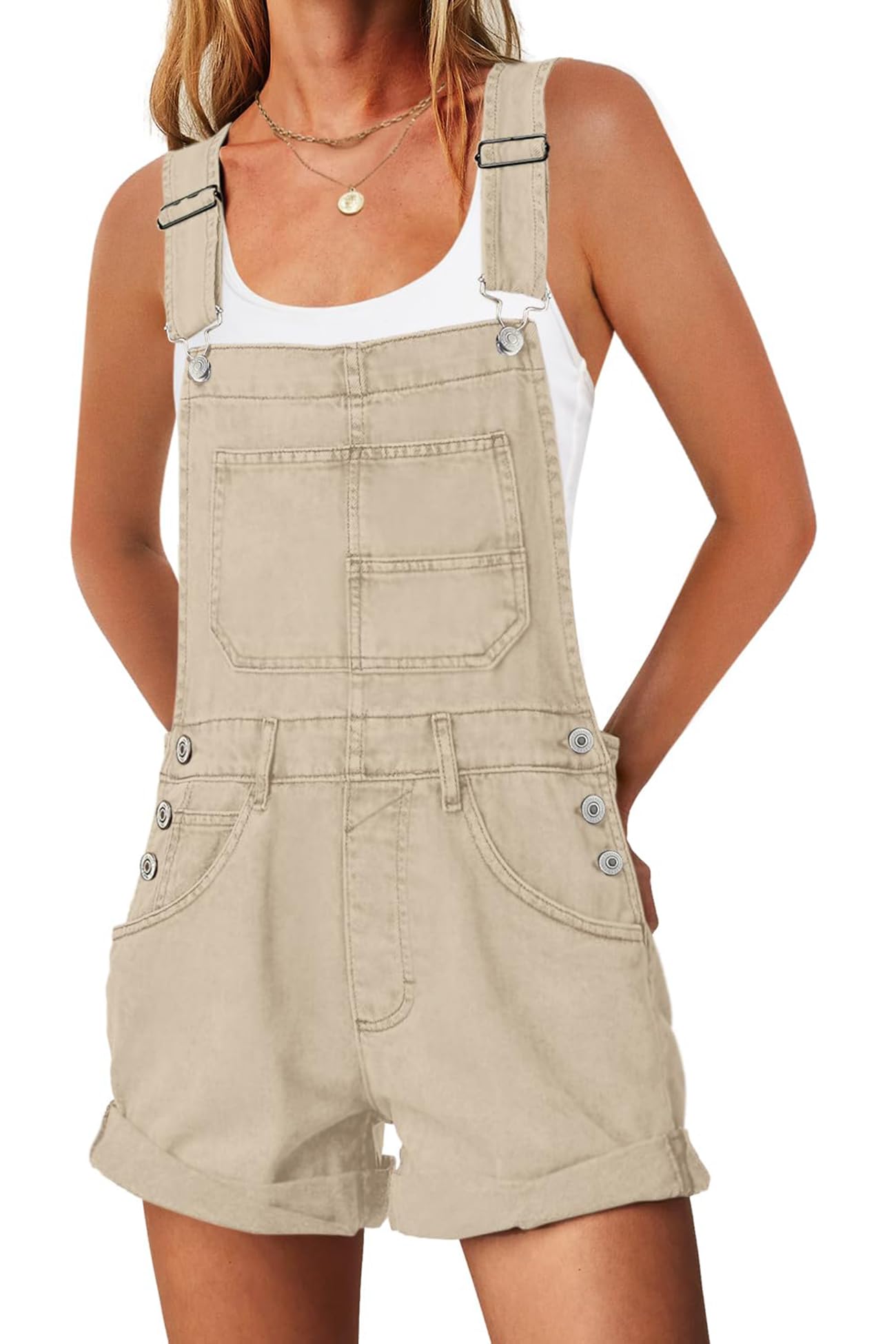 ReachMe Womens Casual Adjustable Bib Overall Shorts Classic Cuffed Hem Shorts Romper Vintage Shortalls with Pockets