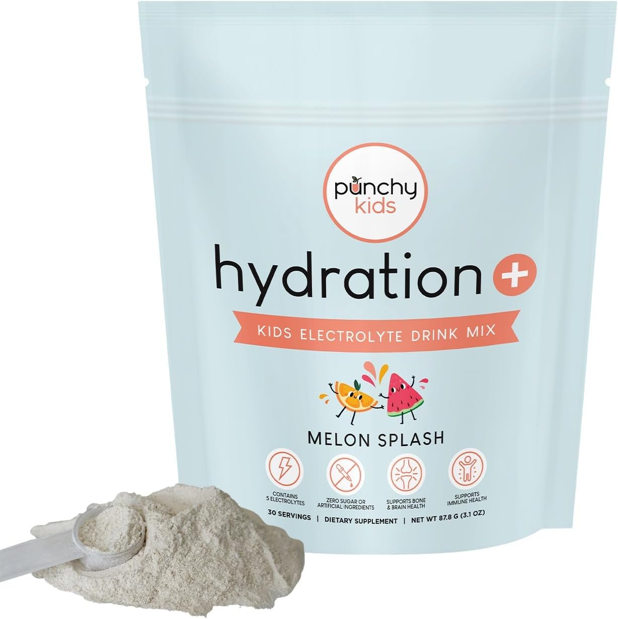 Hydration+ Electrolyte Drink Mix for Kids – Zero Sugar, Immune & Bone Support with Vitamin D, Zinc & K2 – Melon Splash Powder Scoop