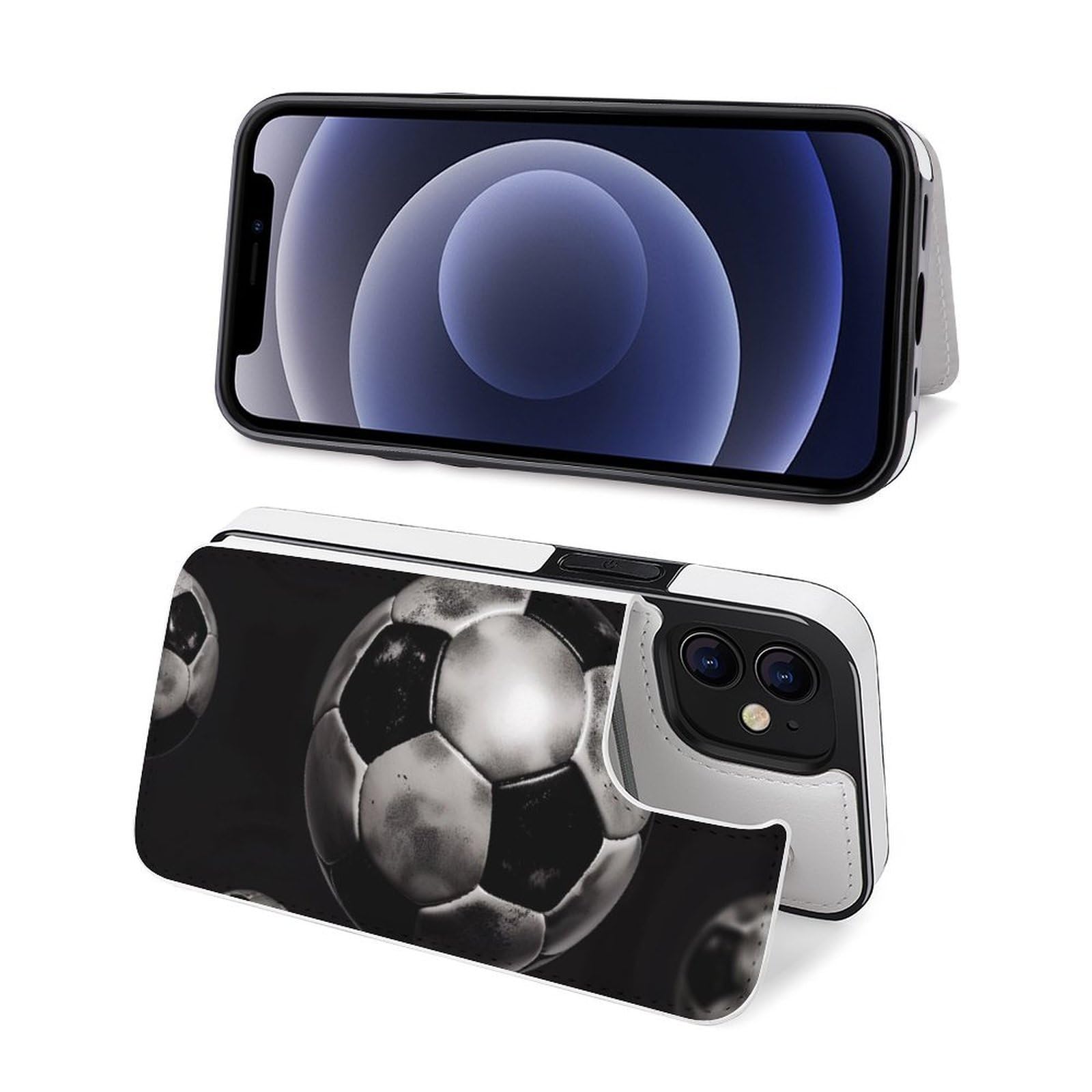 Funda tipo cartera para iPhone 12 Mini, diseño de fútbol con estampado de fútbol, funda de piel con ranuras para tarjetas
