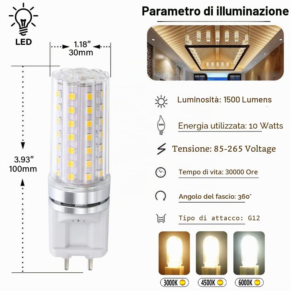 Lampadine LED G12, Lampadina G12 Bi-Pin Base Corn, 10 Watt 1500LM, 15 Watt 2200LM, 20 Watt 3000LM, 3000K 4000K 6000K AC Non dimmerabile 85V~265V (Confezione da 10)