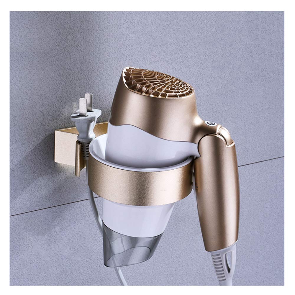 QSHHKAdhesive Hair Dryer Holder, Hair Blow Dryer Rack Wall Mount Spiral Spring Hair Dryer Organizer Shelf, Hairdryer Holder Aluminum Wall Mounted Hair Dryer Storage Without Drilling,Gold