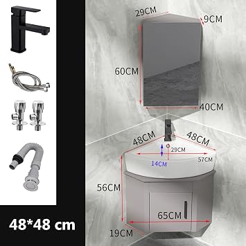 Modern Wall Mounted Bathroom Vanity Sink, Corner Bathroom Cabinet Sink for Small Spaces with Mirror Cabinet Washing Hand Basin Design(Size:48CM/18.89IN)
