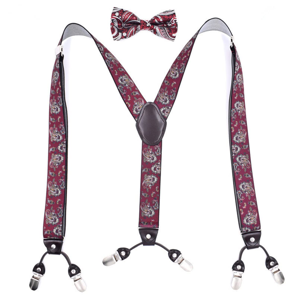 GEBONE Tirantes elásticos de moda para adultos Pajarita floral ajustable y forma de Y 6 clips para hombre Conjunto DM-01